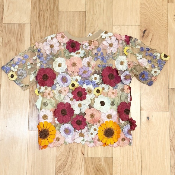 NWT Dolan Anthropologie Women’s Left Coast Flower Appliqué Sheer Tee - Picture 2 of 7